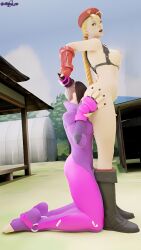 2girls 3d anilingus ass ass_eating beret black_hair blonde_hair blue_eyes cammy_white cammy_white_(fortnite) capcom clothed female female_only forcing fortnite jinxed_xp juri_han kneeling pulling_hair rimjob rimming street_fighter street_fighter_v worship worshiping yuri