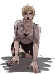 1girls black_nails black_skirt blonde_hair breasts cleavage collarbone dio_brando female female_only fully_clothed genderswap_(mtf) jojo's_bizarre_adventure large_breasts long_hair makeup minggiijwinjsj miniskirt orange_eyes phantom_blood red_lips rule_63 shirt skirt smile solo thick_thighs thighhighs thighs white_shirt