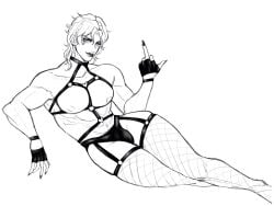 1boy abs bulge crossdressing dio_brando fangs fingerless_gloves fishnet_thighhighs fishnets gay gloves harness jojo's_bizarre_adventure large_pectorals lipstick long_hair looking_at_viewer makeup male male_focus male_only middle_finger minggiijwinjsj monochrome muscular muscular_male nail_polish nipples pectorals solo thick_thighs thighhighs thighs