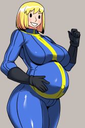 1girls belly belly_button bethesda_softworks big_belly big_breasts blonde_hair blush bob_cut breasts clothed clothing fallout female female_only fungus-man gloves hand_on_pregnant_belly happy light-skinned_female light_skin medium_hair mob_face navel pregnant self_upload simple_background skin_tight smile smiling solo solo_female standing thick_thighs thighs vault_girl vault_suit