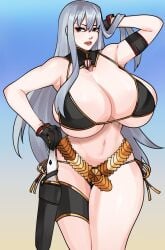 bottom_heavy bursting_breasts hand_on_head hand_on_hip huge_breasts long_hair looking_away massive_breasts military red_eyes selvaria_bles silver_eyes strongmoist swimsuit thick_thighs valkyria_chronicles