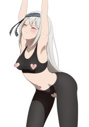 1girls accurate_art_style armpits arms_above_head arms_up bangs bent_over blush closed_eyes clothing_cutout coro_fae cutout embarrassed erect_nipples female female_only heart_cutout human kaguya-sama_wa_kokurasetai_~tensai-tachi_no_renai_zunousen~ lactating lactating_nipples lactation nipple_cutout nipples official_style pussy pussy_cutout shirogane_kei silver_hair solo stretching third-party_edit uncensored