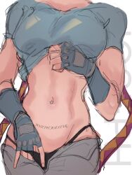 1girls battle_tendency big_breasts black_panties blue_shirt breasts caesar_zeppeli female fingerless_gloves genderswap_(mtf) gloves human jojo's_bizarre_adventure large_breasts minggiijwinjsj navel_piercing panties pants piercing rule_63 shirt shounen_jump stomach_tattoo tattoo thong triangle_print underwear undressing