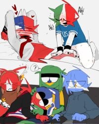 ? ailewzol animal_ears argentina_(countryhumans) brazil_(countryhumans) chile_(countryhumans) clothing countryhumans gay gay_sex male mexico_(countryhumans) multiple_boys peru_(countryhumans) simple_background text united_states_of_america_(countryhumans) white_background yaoi