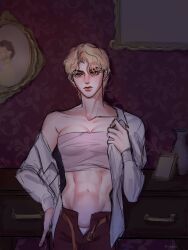 1girls abs blonde_hair breasts butch chest_binder collarbone dio_brando ear_birthmark female female_dio genderswap_(mtf) humanoid indoors jojo's_bizarre_adventure large_breasts light-skinned_female light_skin masculine_female minggiijwinjsj navel pants phantom_blood rule_63 sarashi shirt short_hair solo tomboy toned vampire villainess yellow_eyes