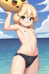 1boy ai_generated animal_crossing belly_button bulge bulge_through_clothing femboy furry genderswap_(ftm) isabelle_(animal_crossing) nintendo nipples novelai rule_63 swim_briefs swimsuit topless