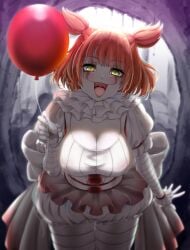 balloon bandage bandages bishoujo_pennywise bishoujo_terror bloomers breasts cleavage clown clown_girl clown_makeup facepaint female frills genderswap_(mtf) it juliet_sleeves kotobukiya_bishoujo large_breasts lips looking_at_viewer neck_ruff open_mouth orange_hair pennywise rule_63 short_hair short_twintails solo thighhighs tongue twintails underwear watarui white_skin yellow_eyes