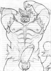 2023 abs anthro areola armpit_hair ball_tuft balls barbell_piercing biceps body_hair crazydrak erection eyebrows foreskin fur generation_7_pokemon genitals glans graphite_(artwork) hi_res humanoid_genitalia humanoid_penis incineroar male male_only muscular muscular_anthro muscular_male muscular_thighs nintendo nipple_barbell nipple_piercing nipples open_mouth open_smile pecs pencil_(artwork) penis piercing pinup pokemon pokemon_(species) pose quads retracted_foreskin smile solo tail teeth thick_thighs traditional_media_(artwork) tuft vein veiny_penis