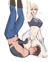 1boy 1girls arm_up armpits battle_tendency big_breasts blonde_hair blue_pants blush boots breasts brown_hair caesar_anthonio_zeppeli caesar_zeppeli crop_top facial_mark female fingerless_gloves genderswap_(mtf) gloves green_eyes jojo's_bizarre_adventure joseph_joestar joseph_joestar_(young) large_breasts looking_at_viewer minggiijwinjsj muscular muscular_male navel pants pervert rule_63 rule_63 shorts sparkle toned_female