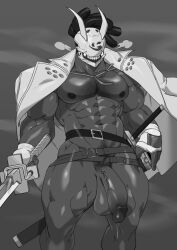 balls bara belt big_balls big_penis chesschirebacon chest_hair dark-skinned_male dark_skin guilty_gear guilty_gear_strive male male_only mask monochrome muscles muscular nagoriyuki open_jacket pantsless penis precum solo solo_male sword vampire