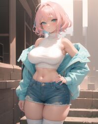 1girls 2023 ai_generated ai_hands anime_nose blue_eyes clothed_female denim_shorts hand_on_hip jacket_off_shoulders jean_shorts original_character pink_hair short_shorts shorts shortstack sleeveless_sweater sleeveless_turtleneck stable_diffusion thighhighs undercolor_(hair)