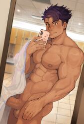 1boy abs biceps big_butt big_pecs big_penis color colored dick gym male male_only muscles muscular muscular_arms muscular_legs muscular_male naked pecs robokeh see-through_penis selfie towel towel_only