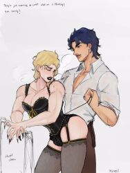 2boys ass black_corset black_lips black_nails blonde_hair blue_eyes blue_hair bulge closed_eyes corset dio_brando gay jojo's_bizarre_adventure jonathan_joestar long_hair male male/male male_focus male_only minggiijwinjsj multiple_boys muscular muscular_male panties pants pectorals phantom_blood shirt sweat thighhighs thighs underwear yaoi