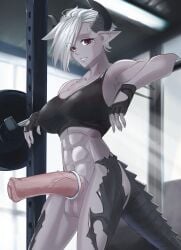 1futa abs animal_penis balls big_breasts big_penis bottomless breasts clothed clothing cock_ring_(decorative) demon erection futa_only futanari gloves grey_skin gym gym_uniform horns horsecock horsecock_futanari huge_cock humanoid muscular muscular_futanari nstch_root_a partially_clothed penis purple_eyes purple_skin silver_hair smiling solo standing tara_lots