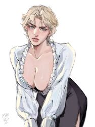 1boy big_breasts black_skirt blonde_hair blouse blue_eyes breasts cleavage collarbone dio_brando ear_birthmark jojo's_bizarre_adventure large_breasts lips male minggiijwinjsj mole phantom_blood rule_63 shirt simple_background skirt solo white_background