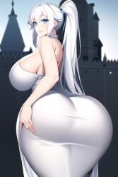 ai_generated blue_eyes castle_background curvaceous curvy curvy_figure gigantic_ass gigantic_breasts huge_ass huge_breasts huge_hips nai_diffusion ponytail princess seductive_smile shiny_clothes shiny_hair shiny_skin stable_diffusion thick_thighs thunder_thighs voluptuous white_dress white_hair wide_hips