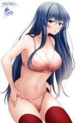 1girls :o blue_eyes blue_hair bra breasts caeda_(fire_emblem) cleavage commentary_request female female_only fire_emblem fire_emblem:_mystery_of_the_emblem fire_emblem:_shadow_dragon_and_the_blade_of_light highres large_breasts long_hair navel nintendo panties parted_lips pink_bra pink_panties red_hayao red_thighhighs simple_background solo standing thighhighs translation_request underwear very_long_hair white_background