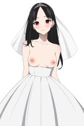 1girls accurate_art_style areolae bare_shoulders black_hair blush breastless_clothes breastless_clothing breasts breasts_out bride casual_nudity chest cleavage collarbone coro_fae cute dress dress_down embarrassed exposed_breasts female female_only head_tilt highres kaguya-sama_wa_kokurasetai_~tensai-tachi_no_renai_zunousen~ light-skinned_female long_hair looking_at_viewer medium_breasts nipples official_style presenting presenting_breasts red_eyes shinomiya_kaguya small_breasts smile solo tiara topless_dress veil wedding_dress white_background white_dress wholesome