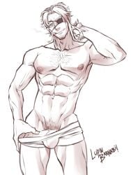 balls bara big_penis boner cigarette erection eyepatch facial_hair gangsta hand_behind_head lupin_barnabi male male_only monochrome muscles muscular penis solo solo_male underwear underwear_only worick_arcangelo