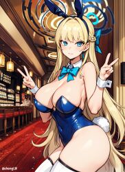 ai_generated blonde_hair blue_archive bunny_ears bunnysuit huge_breasts peace_sign shenglw toki_(blue_archive) toki_(bunny)_(blue_archive)