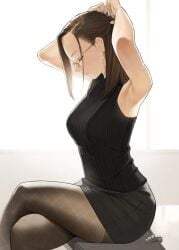 1girls 2023 2d adult adult_female adult_girl armpit armpits asian asian_female black_topwear bright_background brown_hair closed_eyes clothed clothed_female crossed_legs ear_piercing earrings eyes_closed female female_only fixing_hair fully_clothed ganbare_douki-chan glasses hands_behind_head human human_female japanese japanese_female jewelry legs_crossed light-skinned_female light_skin miru_tights no_sex okuzumi_yuiko pantyhose professional_clothes realistic_breast_size realistic_proportions school_teacher sfw simple_background sitting skirt solo solo_female solo_focus teacher thighs tying tying_hair white_background window windows yomu_(sgt_epper)