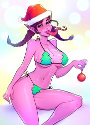 big_breasts braid candy christmas dark_hair elf_ears enka_vish large_breasts long_tongue m000 monster_girl pink_skin red_moth_haven santa_hat succubus yellow_eyes