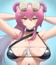 1girls arknights armpits arms_up bikini bikini_top black_bikini large_breasts lin_yuhsia_(arknights) pink_hair rat_ears rat_girl sunglasses sunglasses_on_head swimsuit vodoke