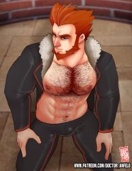 bara beard bulge chest_hair doctor_anfelo facial_hair flaccid lysandre_(pokemon) male male_only nintendo on_knees open_clothes open_jacket orange_hair pokemon solo solo_male