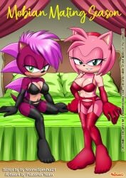 2girls amy_rose anthro bbmbbf blush bra comic cover_page female female_only garter_belt garter_straps lingerie mobian_mating_season_(comic) mobius_unleashed palcomix panties sega sonia_the_hedgehog sonic_(series) sonic_the_hedgehog_(series) thighhighs