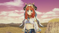 16:9 before_sex belly belly_button blush clothed_female female female_focus genshin_impact happy light-skinned light-skinned_female light_skin looking_at_viewer nilou_(genshin_impact) open_eyes outdoors red_hair smile solo solo_focus standing video_game video_game_character