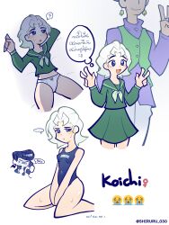 1boy 1girls blue_eyes diamond_is_unbreakable genderswap_(mtf) jojo's_bizarre_adventure josuke_higashikata koichi_hirose panties peace_sign rohan_kishibe rule_63 school_swimsuit school_uniform schoolgirl shiruru short_hair sitting white_hair