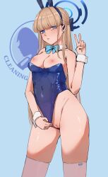 absurdres animal_ears blonde_hair blue_archive blue_eyes blue_leotard bow bowtie breasts cleaning_&_clearing_(blue_archive) cleft_of_venus detached_collar fake_animal_ears female flashing halo highres leotard leotard_pull long_hair looking_at_viewer medium_breasts millennium_science_school_student nipples nonflied official_alternate_costume playboy_bunny pussy rabbit_ears solo strapless strapless_leotard thighhighs toki_(blue_archive) toki_(bunny)_(blue_archive) v very_long_hair white_thighhighs wrist_cuffs