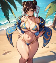 2d ai_generated beach bikini chun-li hand_on_hip huge_breasts shenglw street_fighter thick_thighs