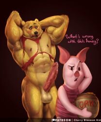 anthro balls bear big_muscles big_penis blush bodily_fluids cherry_blossom_kid clothing disney domestic_pig duo english_text erection fur genital_fluids genitals growth hi_res honey_pot humanoid_genitalia humanoid_penis male male_only mammal muscle_growth muscular muscular_anthro muscular_male nude penis piglet pooh_bear precum shirt straight_hair suid suina sus_(pig) text topwear torn_clothing torn_shirt torn_topwear winnie_the_pooh_(franchise) yellow_body yellow_fur