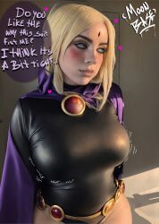 1girls ai_generated big_breasts billie_eilish blonde_hair blue_eyes celebrity cosplay dc dialogue english_text female female_only latex moonbase_nsfw raven_(cosplay) real_person realistic solo stable_diffusion teen_titans text