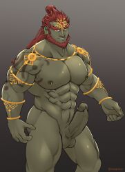 1boy balls bara beard big_penis boner erection facial_hair ganondorf ganondorf_(tears_of_the_kingdom) gerudo gold_jewelry green_skin male male_only muscles muscular neppikun nintendo nude penis red_hair solo solo_male tears_of_the_kingdom the_legend_of_zelda