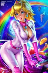 1girls belt biker_clothes bikesuit blonde_hair blue_eyes bodysuit breasts cleavage crown dick_sucking_lips earrings female female_only gloves hi_res jewelry logan_cure looking_at_viewer mario_(series) motorcycle nintendo outdoors ponytail princess_peach rainbow rainbow_road scarf skin_tight solo super_mario_bros. super_mario_bros._(2023_film) tight_clothing unzipped unzipped_bodysuit