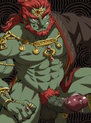 1boy 41raco abs balls ballsack bara beard big_penis boner censored_penis erection facial_hair foreskin foreskin_folds fully_retracted_foreskin ganondorf ganondorf_(tears_of_the_kingdom) gerudo gold_jewelry green_skin hairy_balls humanoid intact long_hair_male male male_only male_pubic_hair masculine mature_male mosaic_censoring mostly_nude muscles muscular_male nintendo pecs penis red_eyes red_hair scrotum smooth_skinned_male solo tears_of_the_kingdom testicles the_legend_of_zelda uncut veiny_penis