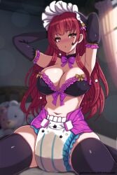 1girls abdl armpits arms_behind_head bangs bare_midriff bare_thighs bed blush breasts cleavage curtains diaper elbow_gloves embarrassed facial_tattoo female female_only fire_emblem fire_emblem_engage gloves hair_ornament indoors infantilism kneeling large_breasts light lilith-fetish long_hair looking_at_viewer midriff nintendo on_bed open_mouth peeing peeing_self pose raised_eyebrow red_eyes red_hair skindentation solo star tattoo thick_thighs thighhighs thighs urine window yunaka_(fire_emblem)