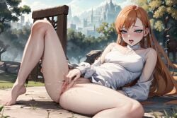 1girls after_masturbation ai_generated ali_sdai blue_eyes blush blushing_at_viewer brown_hair exhibitionism exhibitionist final_fantasy final_fantasy_xiv fingering forest forest_background hand_on_pussy legs_spread looking_at_viewer masturbating masturbation open_mouth pale-skinned_female pale_skin petite petite_female pussy pussy_juice revealing_pussy ribbon ryne_waters square_enix tongue tongue_out white_dress white_ribbon