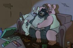 alcohol anthro bear beer beverage cartoon_network dirty_clothing earl_(the_human_heart) furniture gay group handjob hi_res lagomorph leporid looking_pleasured male male/male mammal masturbation messy_room mrdannyloco mutual_masturbation overweight overweight_male penile rabbit richard_watterson sex sofa steve_jovonovich the_amazing_world_of_gumball trio