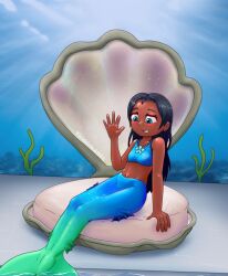 1girls clam clam_shell dark-skinned_female embarrassed female jpeg mermaid mermaid_girl mermaid_tail mi'ara mi’ara original signature solo underwater yirakirin