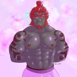 1boy abs bara chicorobot hands_behind_back male_only muscular_male pecs red_hair serious smooth_skinned_male solo_male