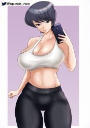 1girls big_breasts black_pants bottomwear breasts cleavage clothing female female_only hair huge_breasts komi-san_wa_komyushou_desu komi_shuuko lips mature mature_female mature_woman milf mother pants phone purple_eyes purple_hair selfie short_hair solo solo_female space_roo tank_top topwear white_tank_top