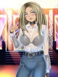 black_lingerie blonde_hair busty_biz choker dj female irina_(busty_biz) jeans see-through_top