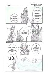 1girls 2boys albedo_(genshin_impact) animal_ears artist_request blush comic curious dialogue embarrassed english_text female fox_ears fox_tail genshin_impact glasses interested male observing praise refusal request shy sucrose_(genshin_impact) tail text tighnari_(genshin_impact)