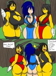 3girls ass ass_focus big_ass bisharp blue_hair boob_window boobs butt_squish child_bearing_hips cleavage exposed_ass exposed_shoulders greninja hip_focus hips igphhangout mizu_(igphhangout) sarah_the_bisharp skimpy skimpy_armor skimpy_clothes skimpy_costume skimpy_outfit tight_clothes tight_clothing trio trio_female tsubaki_the_bisharp wide_hips yellow_skin