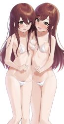 2girls armpits background bikini blush brown_eyes female female_only hair looking_at_viewer micro_bikini nompang red_hair smile underwear underwear_only white_background