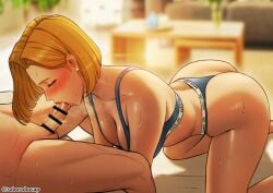 1girls absurdres all_fours android_18 ass bar_censor bed blonde_hair blue_eyes blurry blurry_background blush bob_cut bra breasts breath censored cleavage dragon_ball dragon_ball_z earrings embarrassed fellatio female from_side half-closed_eyes highres indoors jewelry large_breasts legs lying medium_hair milf on_bed oral panties partial_male penis roborobocap sweat thighs underwear underwear_only