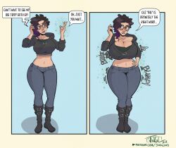 ass_expansion biting_lip boots breast_expansion breasts_bigger_than_head buckles glasses hand_on_hip hoodie hourglass_expansion hourglass_figure huge_breasts jakal63 jeans magic overflowing_breasts phone wide_hips yuri